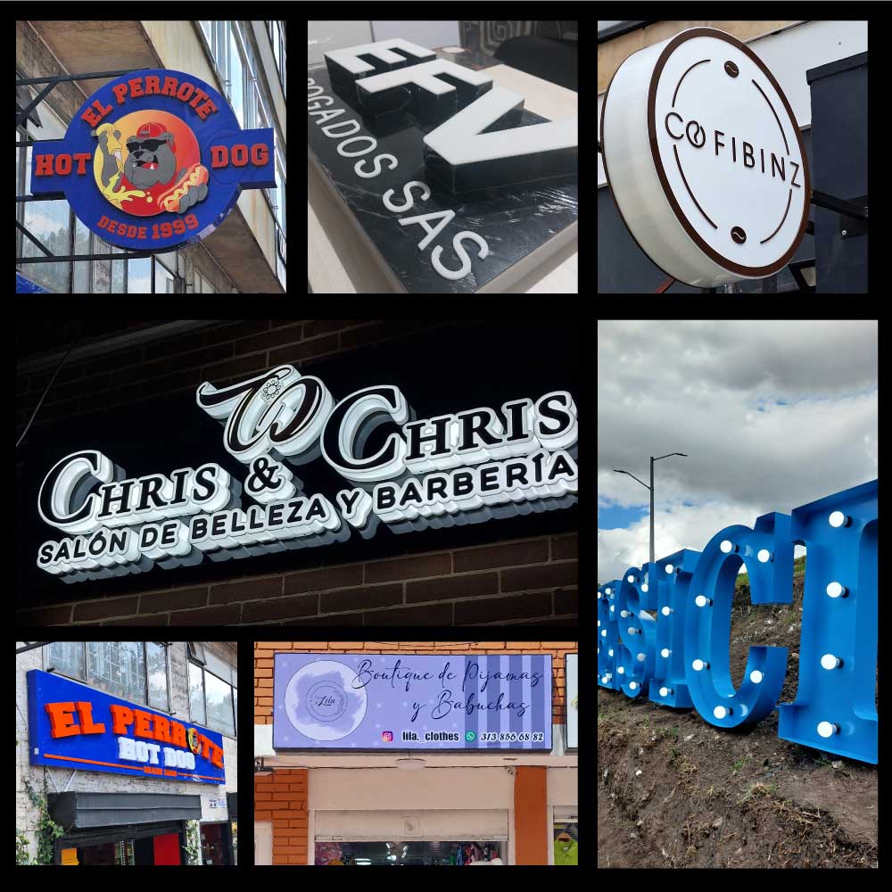 collage de trabajos: cajas de luz, acrílico 3D y metálicos en Bogotá