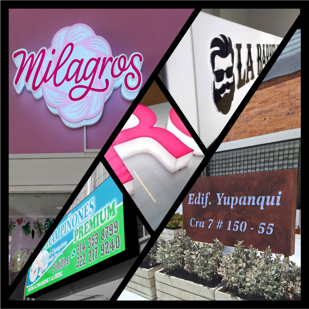 mosaico de avisos luminosos: retroiluminados y metálicos